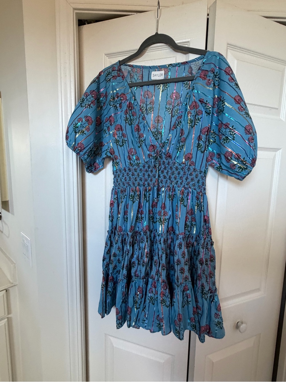 SAYLOR  Blue Floral Puff-Sleeve Mini Dress size large